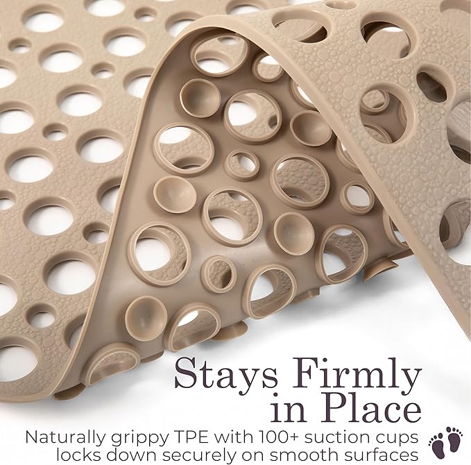 Non Slip Shower Mat for Bathtub, Beige TPE Bath Mat with Strong Suction Cups, Quick-Dry Drain Holes, Soft Textured Surface, Spa-Inspired, 30x17 Inch