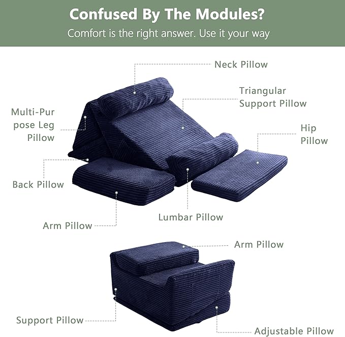HIGOGOGO 10PCS Orthopedic Bed Wedge Pillow Set – Adjustable Soft Foam Body Positioners for After Surgery Recovery, Back & Leg Pain Relief, Sitting Up in Bed, Acid Reflux & GERD, Navy