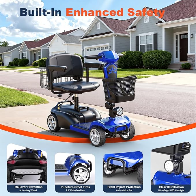 15/25/30/50Miles Eldryvon 4 Wheels Electric Mobility Scooter for Seniors, Dual Basket, 350W Powered Wheelchair with Rotating Seat, Foldable Motorized Scooter for Adults (Blue, 25Miles)