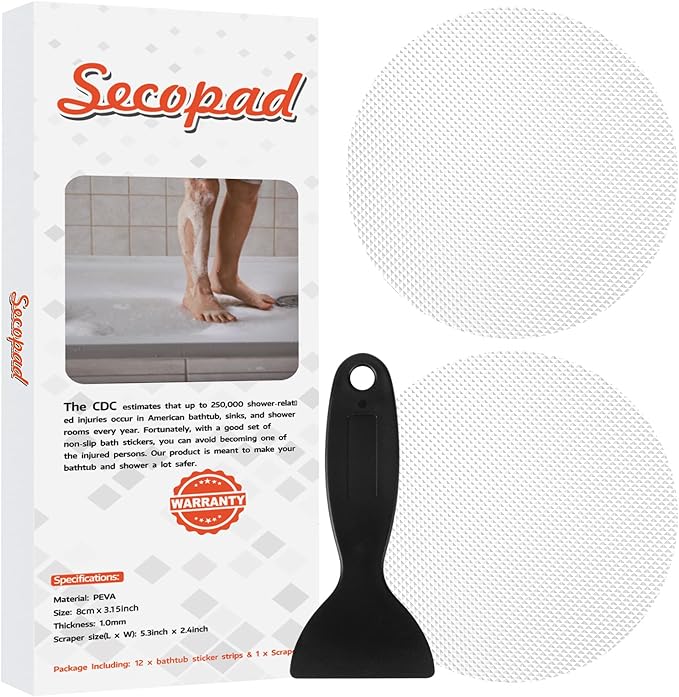 Secopad Original Bathtub Non-Slip Stickers for Tub & Shower Floor, Strong Anti-Slip Shower Stickers with Scraper Ideal for Families with Kids, Adults & Seniors, 12 PCS (White)