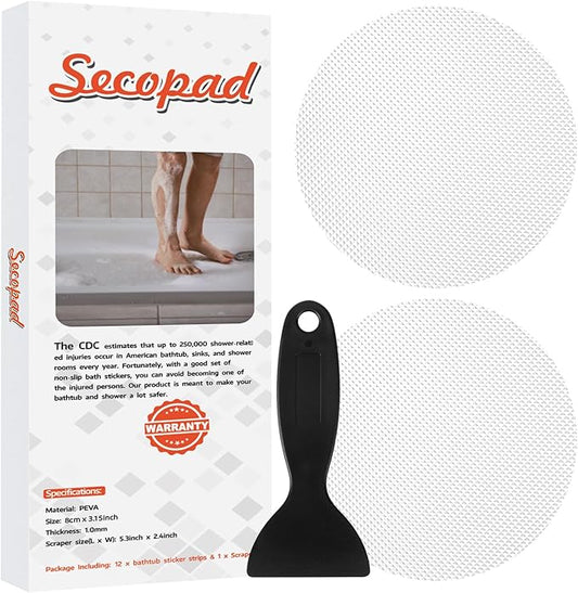Secopad Original Bathtub Non-Slip Stickers for Tub & Shower Floor, Strong Anti-Slip Shower Stickers with Scraper Ideal for Families with Kids, Adults & Seniors, 12 PCS (White)