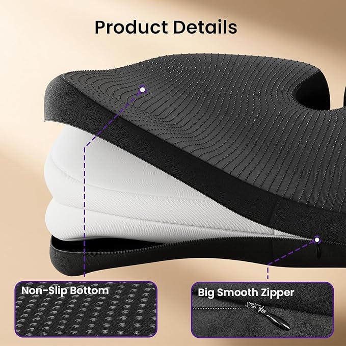 ZZ-WELL Seat Cushions for Office Chairs, Car Seat - Patented Coccyx Cushion for Tailbone Pain - Memory Foam Butt Cushion for Pressure Relief - Carry Handle & Non Slip Bottom (Black)