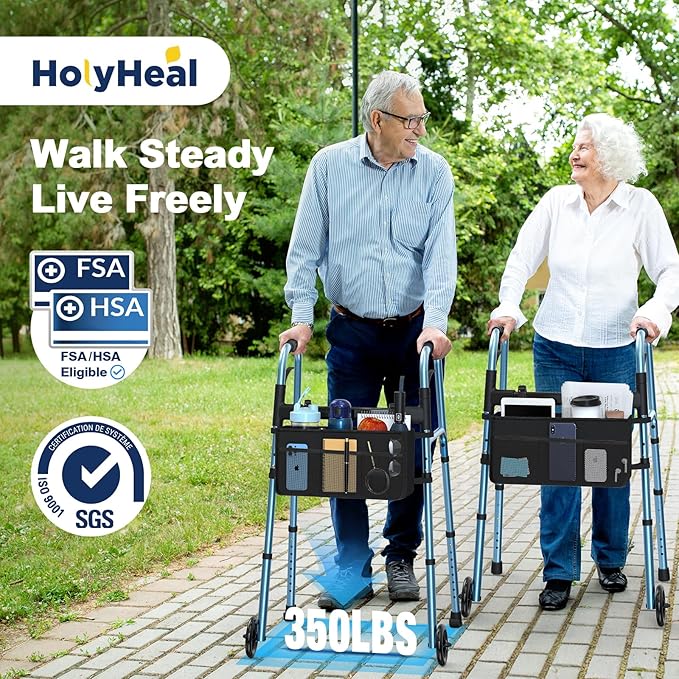 Folding Walker for Seniors, Compact Rolling Walker with Basket and 2 Skis, Lightweight Aluminum Standard Walker Adjustable Height Supporting Up to 350lbs, Blue