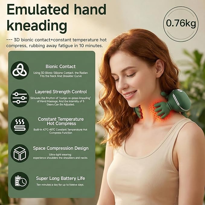 Portable Neck and Shoulder Massager with Soothing Heat, 4D Deep-Kneading Rechargeable Massage Device for Back and Body Use at Home, Office or On the Go