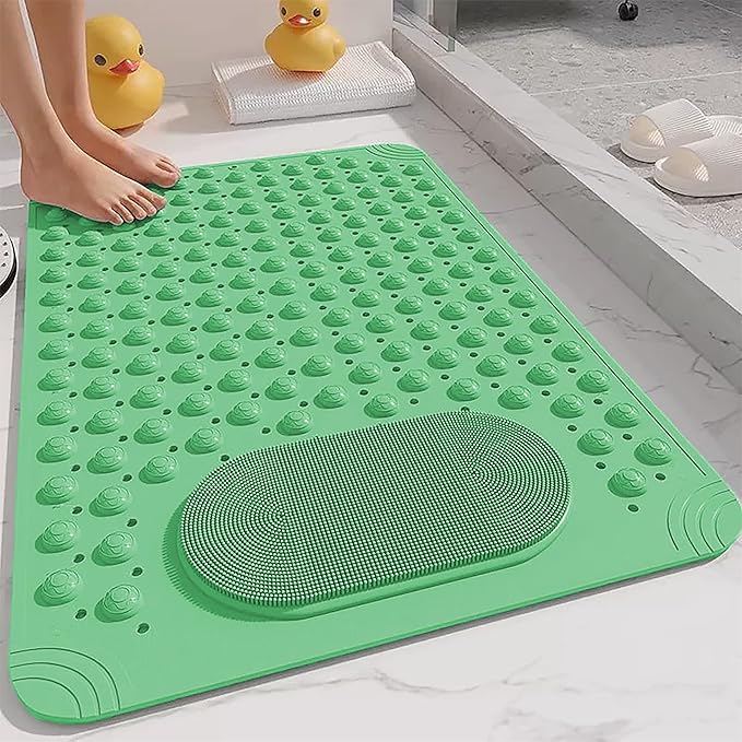 Bath Mat for Tub and Shower – Anti-Slip with Suction Cups, Exfoliating Foot Scrubber, Drain Holes & Massage Points – PVC, 19.7” x 31.5” – Non-Slip Mat for Seniors, Families, Spa Use