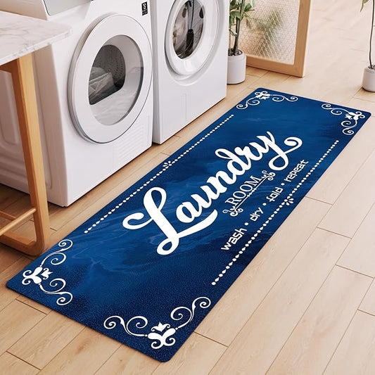 XLHOMO Laundry Room Rug Runner, 17"x60" Non Slip Navy Blue Nappa Leather Laundry Rugs, Farmhouse Washable Floor Laundry Mats for Laundry Room, Kitchen, Washroom, Bathroom, Hallway Entryway Decor