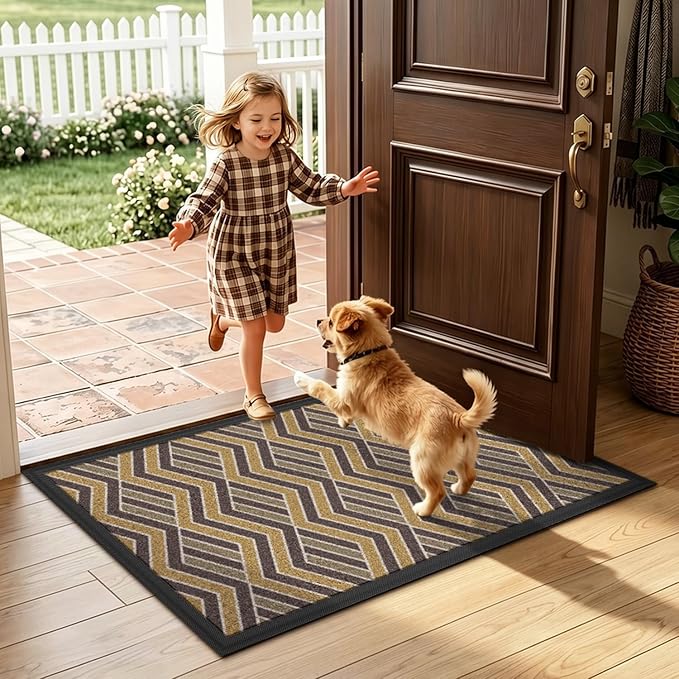 LUMI Front Door Mat 17x30, Low-Profile Non-Slip Welcome Mat for Indoor Outdoor, Stain & Fade Resistant Geometric Door Mat for Entryway Patio Porch, Zig-Amber