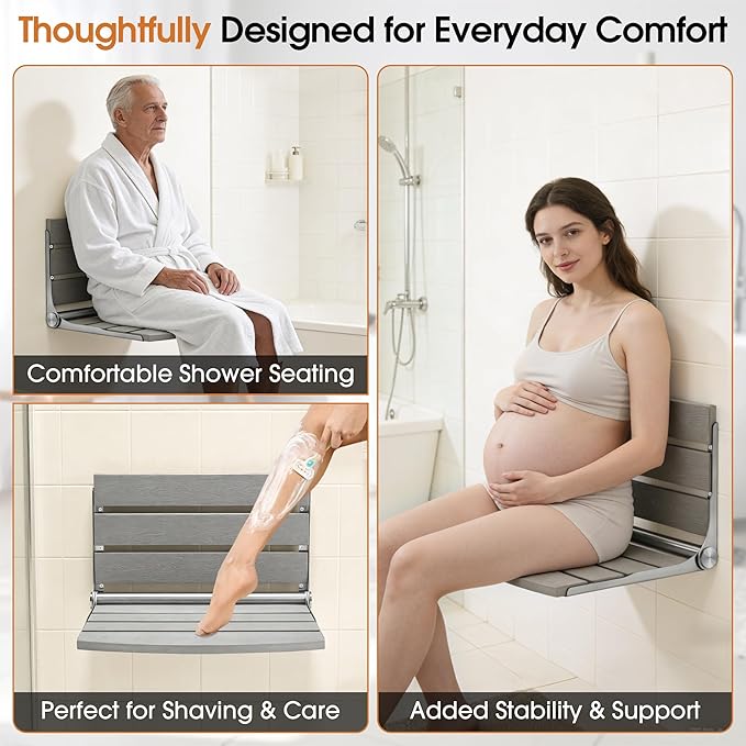 20" Folding Shower Seat, Fold Down Shower Seat Wall Mounted, Stainless Steel Frame with HDPS Seat, 400 lb Load Capacity, Folding Shower Bench for Seniors & Elderly (Gray)