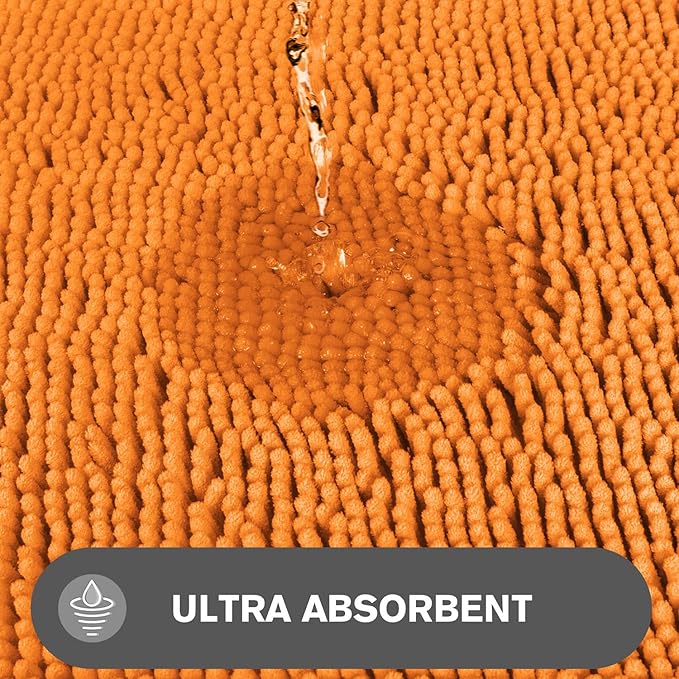 Bathroom Rugs Sets 2 Piece – Absorbent and Washable Bath Mat, Non-Slip, Thick Soft Chenille Bath Rugs for Bathroom Floor, Shower, Sink(17" x 24"+17" x 47", Flame Orange)