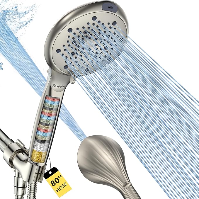 FASDUNT Filtered Shower Head with Handheld, 8-Mode Handheld Showerhead with Filters for Hard Water -Remove Chlorine, Built-in Power Wash, 80" Extra Long Stainless Steel Hose, Brushed Nickel