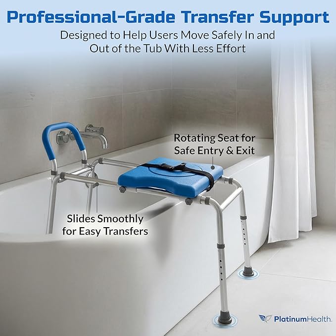 Platinum Health Roundabout 2.0 Sliding Transfer Bench with Rotating Seat. Padded for Warmth/Comfort. Enjoy Safe, Fast, Easy, Pain-Free, Strain-Free tub and Shower transfers. Ideal for Seniors/Elderly