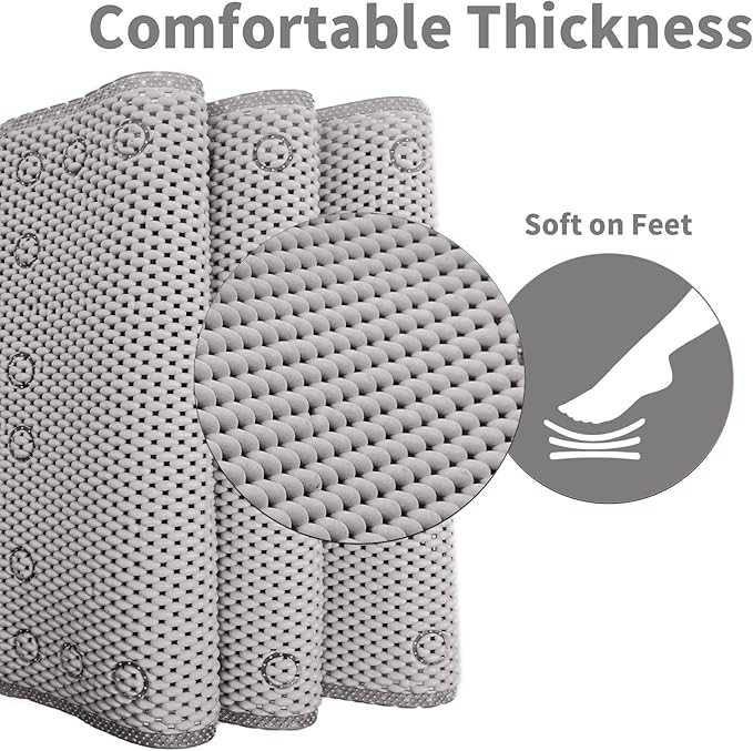 Shower and Bath Mat,Non-Slip Machine Washable and Extra Large Bathtub Mats with Drain Holes and Suction Cups Soft Foam Tub Mats-36” X 17”,Grey
