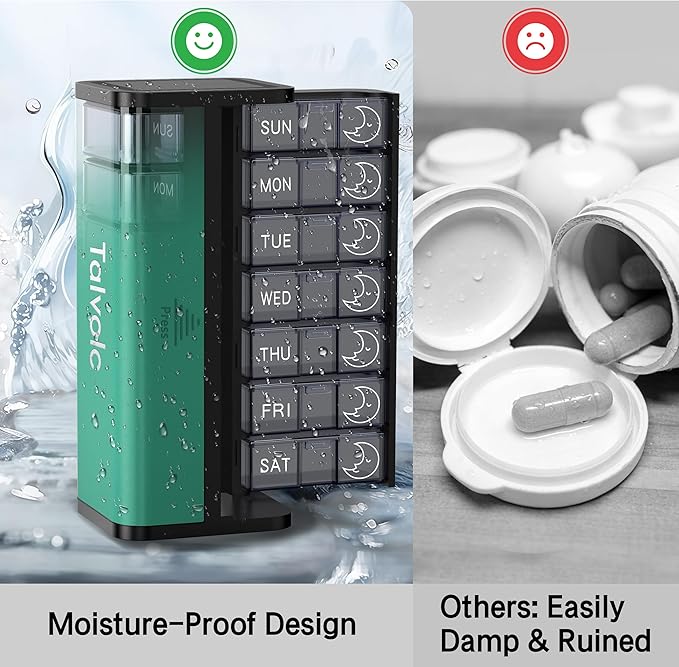 Pill Organizer 7 Day AM PM, Discreet 2 Times a Day Weekly Pill Box with Double Protection Shell, Large Capacity Portable Vitamin Case for Travel Meds & Medicine Organizer (Black and Green)