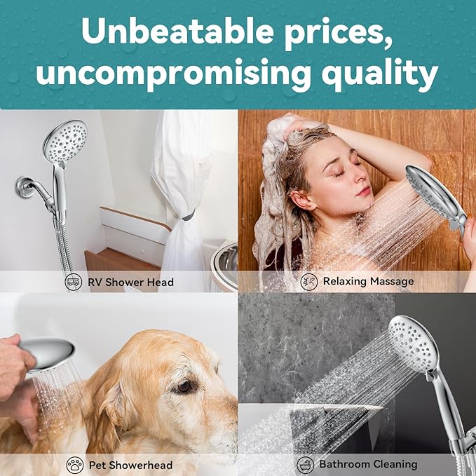 High Pressure Shower Head with Handheld, JDO 6 Spray Settings Handheld Showerhead, 4.3" High Flow Rain Showerhead Set with 59" Stainless Steel Hose and Adjustable Bracket for Bathroom, Gym, Hotel