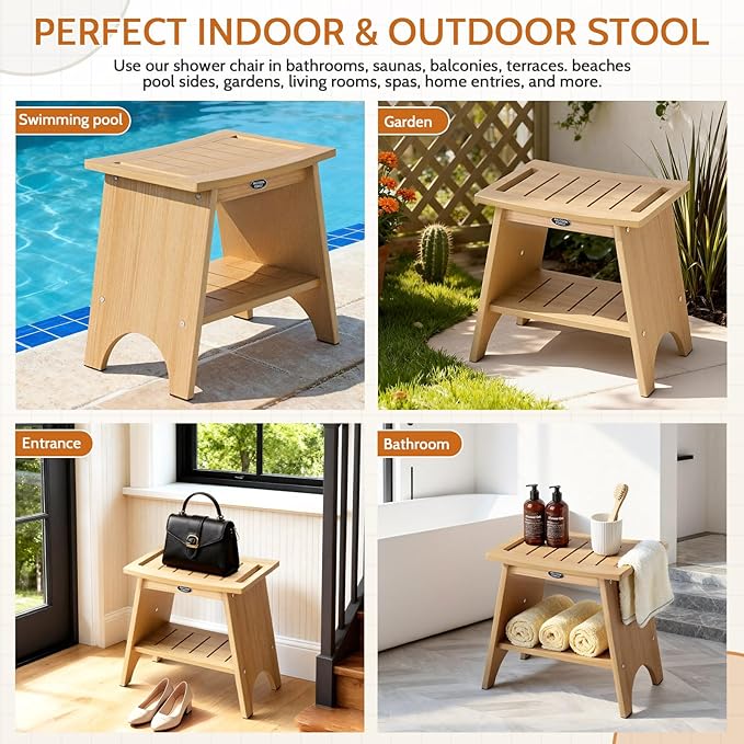 HDPS Shower Benches for Inside Shower to Sit on, Waterproof Shower Chair with Storage Shelf, Heavy Duty 500-lb Shower Seat, Shower Stool for Shaving Legs, Indoor/Outdoor Use