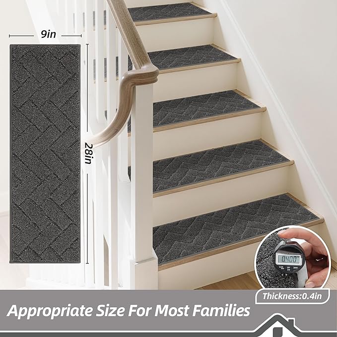 BEQHAUSE Edging Stair Treads for Wooden Steps 9" x 28", Non Slip Carpet Stair Treads Indoor Stair Runners, Soft Stair Rugs, Machine Washable, 100% Polyester, TPE Backing, 4pcs, Charcoal