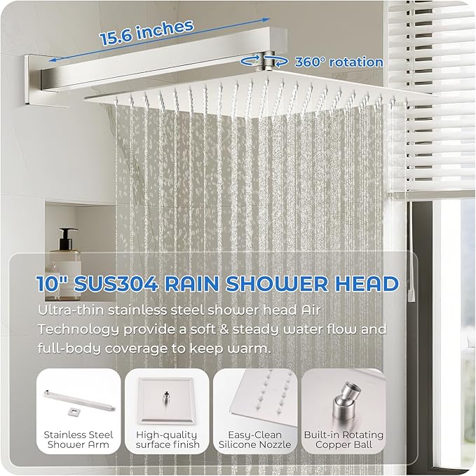Brushed Nickel Shower Faucet Set, 10 inch Rain Shower System w/Pressure Balance Valve, Wall Mounted 2-Functions Bathroom Shower Systems w/Rain Shower and Handheld Spray Shower Trim Included