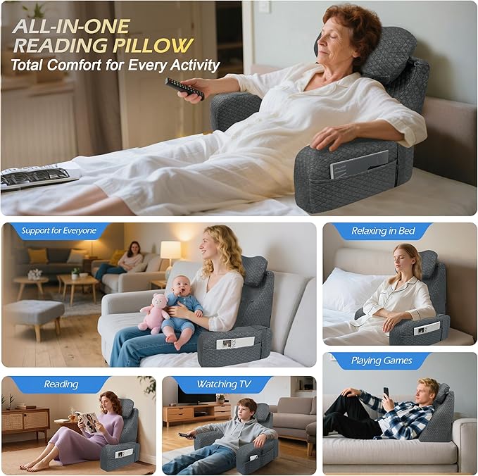 Lofty Aim Reading Pillow for Bed: Comfy Memory Foam Rest Back Pillow for Sitting in Bed Adult, Backrest Chair Pillow with Arms for Sitting Up, Watching TV, Reading, Gaming - Grey