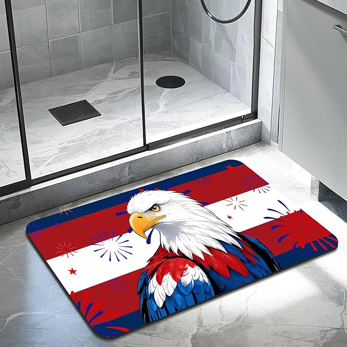 Quick Dry Bath Mat for Bathroom,Super Absorbent Patriotic 4th of July Welcome Bath Rug Non-Slip Rubber,Machine Washable Bathroom Floor Mat for Shower, Tub, Sink Area Independence Day Eagle 16x24