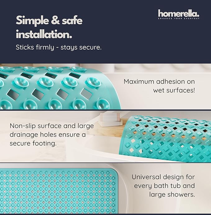 Bathtub Mat Non Slip 35x16 - homerella® Bath Mat Incl. Hooks for Drying, Extra Long, 100% BPA Free, Shower Mat Non Slip Anti Mold, Machine Washable, Shower Mats for Inside Shower Mildew Resistant