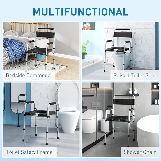 HOMCOM 4 in 1 Bedside Commode Shower Chair Portable Toilet Raised Toilet Seat with Handle for Seniors, Adults, Handicap, Adjustable Height, Black