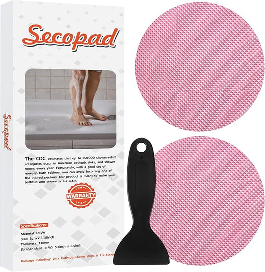 Secopad Original Bathtub Non-Slip Stickers for Tub & Shower Floor, Strong Anti-Slip Shower Stickers with Scraper Ideal for Families with Kids, Adults & Seniors, 24 PCS (Pink)