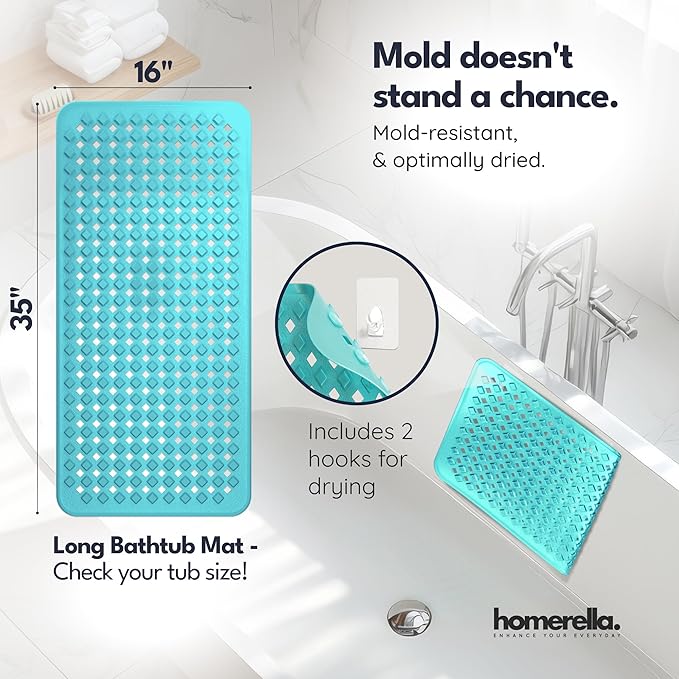 Bathtub Mat Non Slip 35x16 - homerella® Bath Mat Incl. Hooks for Drying, Extra Long, 100% BPA Free, Shower Mat Non Slip Anti Mold, Machine Washable, Shower Mats for Inside Shower Mildew Resistant