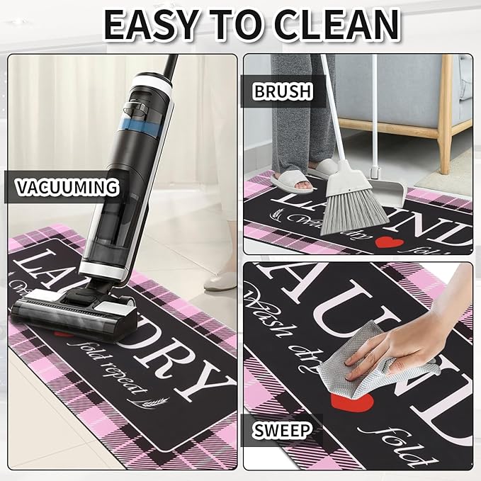 XLHOMO Laundry Room Rugs and Mats, 17"x47" Buffalo Plaid Pink Laundry Room Rug Runner Washable Non Slip, Farmhouse Laundry Mats for Floor, Mudroom, Kitchen, Washroom, Bathroom, Entryway Carpet Decor
