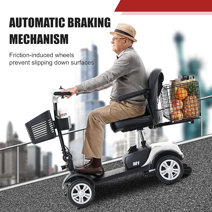 Metro Mobility 4 Wheel Electric Mobility Scooters for Adults - 300 lbs Capacity Folding Mobility Scooter for Seniors, Travel - Long Range Power Extended Battery & Easy Disassembly - White