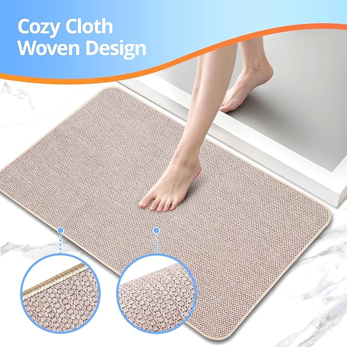 Upgraded Bath Mat 20x24Inch, Thin Bath Mats Rugs with Rubber Backing Non-Slip, Absorbent,Quick Dry Machine Washable, Home Decor Accessories Cozy Cloth Bathroom Rugs fit Under Door/Sink/Tub-Biege