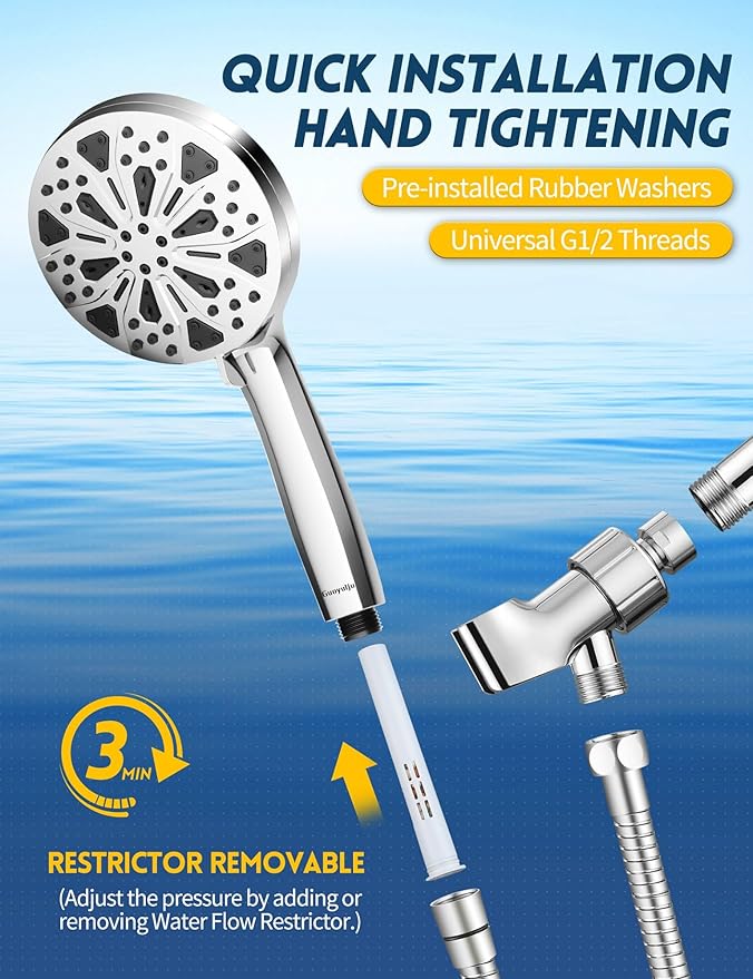 Filtered Shower Head with Handheld and Hose, 10 Spray Modes High Pressure Showerhead for Hard Water, Water Saving Removable Filter with Beads, Chrome Finish, WaterSense & CUPC Certified