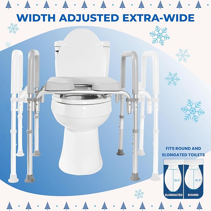 Ultimate Raised Toilet Seat with Handles, Padded, Armrests, Adjustable Height, Premium Elevated Toilet Seat for Elderly Bathroom Safety with Arms, Standard and Elongated Toilets, Gray
