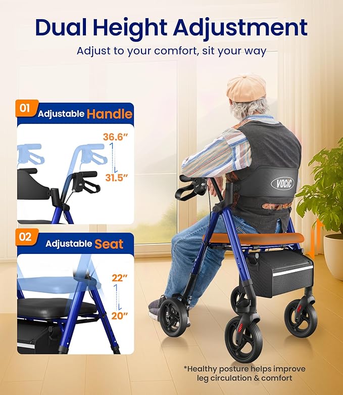 VOCIC Walkers for Seniors, Z21 Rollator Walker with Seat Supports 350lb, 8" Big Wheels for All Terrain, Ergonomic Arc Seat & 6" Ultra Backrest Foldable Walker, Dual Height Adjustment, Lightweight 2026