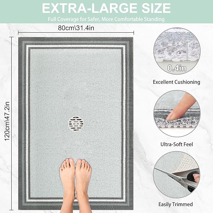 Shower Mat Non Slip: 47x32 Inch Extra Large Shower Mats for Inside Shower, Anti Slip Shower Floor Mat, Loofah Shower Stall Mats for Elderly, Non Slip Shower Mat with Drain Hole in Middle