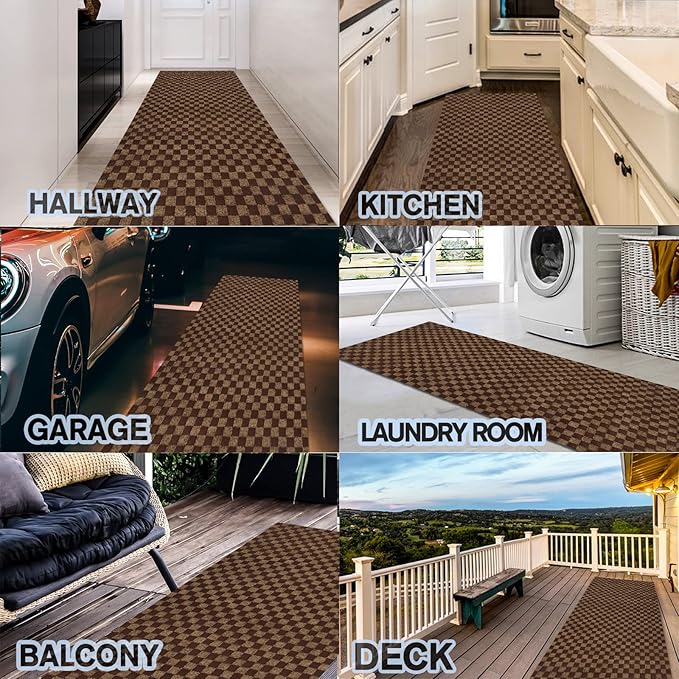 Custom Size Backed Non-Slip Area Rugs Runner, Easy Clean, Waterproof Runner Rugs for Hallway Entryway, Kitchen, Laundry, 3FT x 26FT, Brown Checkered