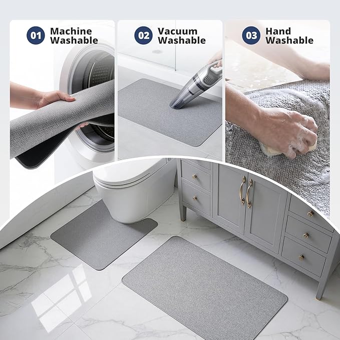Bathroom Rugs Sets 2 Piece, Thin Bath Mat & U-Shaped Contour Toilet Rug Absorbent Quick Dry, Machine Washable, Non Slip Low Pile Bath Mats for Bathroom/Tub/Sink/Shower (30"x20" Plus 24"x20" U, Grey)