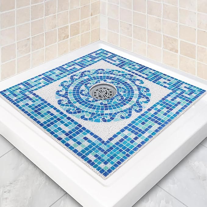 Square Shower Mat Non Slip: 36 x 36 Inch Extra Large Shower Mats with Drain Hole in Middle - PVC Loofah Anti Slip Shower Floor Matt for Inside Shower