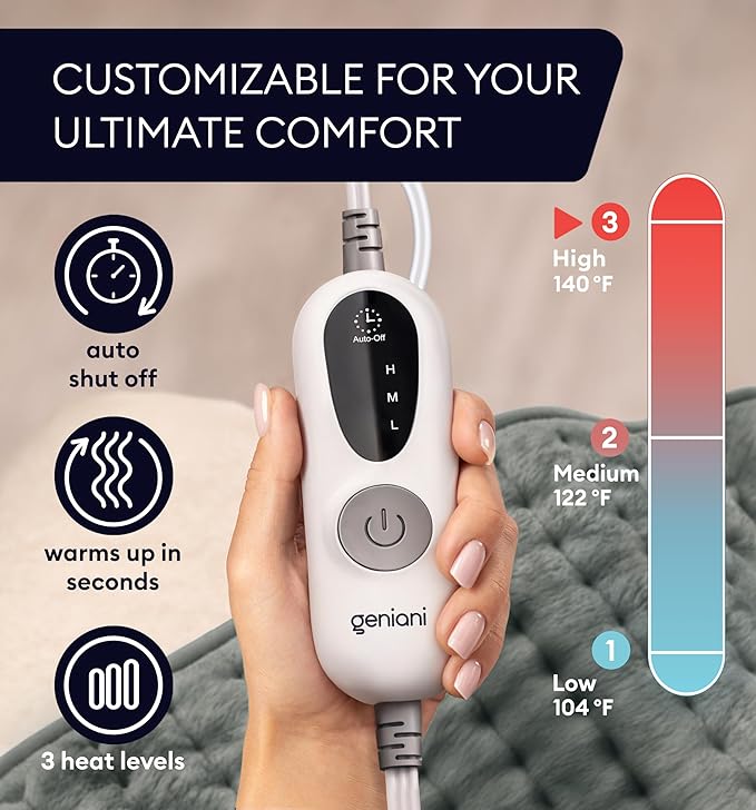 GENIANI Electric Heating Pad for Back Pain & Cramps Relief, Electric Throw, Auto Shut Off, Machine Washable, Moist Heat Pad for Neck & Shoulder, Extra Large 24x12