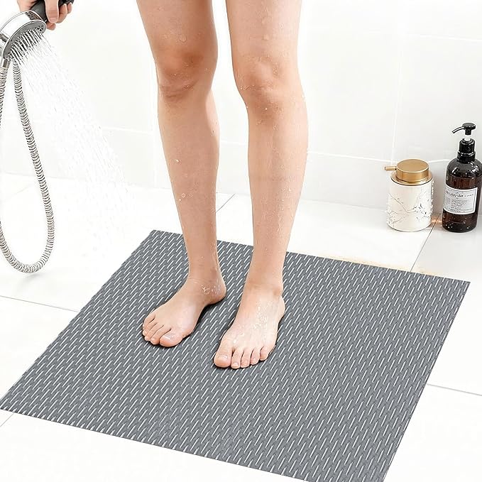 Extra Large Non-Slip Shower Mat, Fast-Dry PVC Bath Stall & Tub Mat, Drain-Hole Design,for Shower Stall Tub for Elderly/Kids，Non Slip Bathroom Safety Accessory，Gray 27"x27"