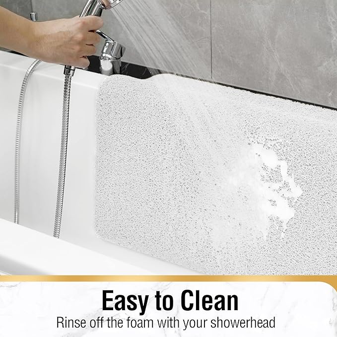 HITSLAM Non Slip Bathtub Mat 40 x 20 Inch, Extra Long Bath Mat for Tub, Soft PVC Loofah Shower Floor Mat with Drain, Quick Drying Bathroom Tub Mat for Wet Area, Without Suction Cup, White