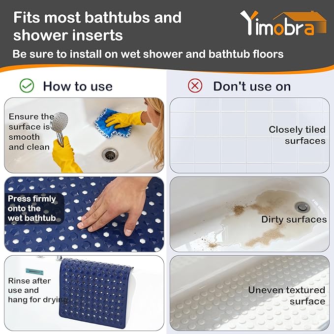 Yimobra Bathtub Mat Non Slip, 27.5"x15.5" Machine Washable Shower Floor Mat, Soft on Feet, Bathmat with Drain Holes and Suction Cups, Bathroom Essentials, Dark Blue
