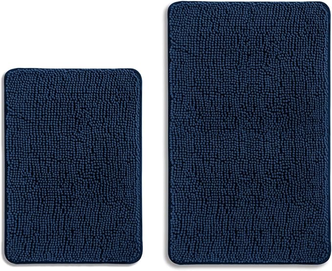 Navy Blue Bathroom Rugs Sets 2 Piece – Absorbent and Washable Bath Mat, Non-Slip, Thick Soft Chenille Bath Rugs for Bathroom Floor, Shower, Sink - 17" x 24"+20" x 32"
