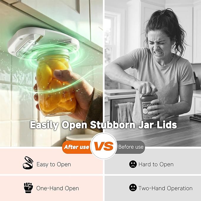 Upgraded Under Cabinet Jar Opener: Easy for Weak Hands & Seniors with Arthritis, One-Hand Jar & Can Opener - Dual Slot Design Opens Stubborn Jar & Bottle Lids - Stainless Steel Teeth - Kitchen Helper
