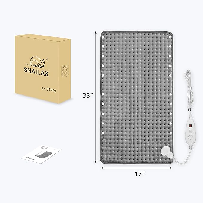 Snailax Heating Pad & Foot Warmer with 6 Temperature Settings & Auto Shut Off, 17”x33”, Washable Fast Heated Pads for Back Pain Relief,Abdomen,Feet,Back,Cramp(Grey)
