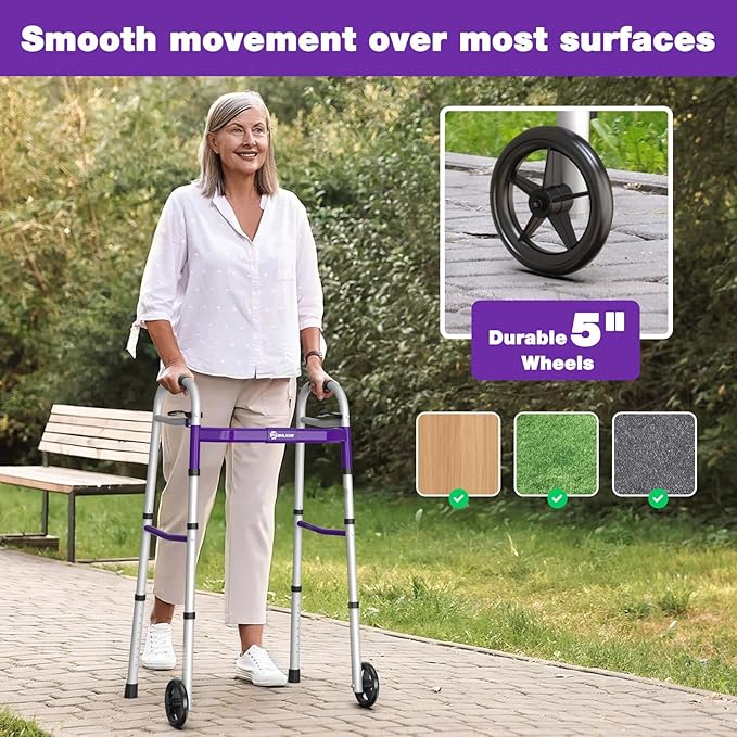 Whlicks Narrow Folding Walkers for Seniors,Aluminum Lightweight Walkers with Wheels, Adjustable Width and Height Front Wheel Walker for Elderly and Disabled, Supports up to 350 lbs