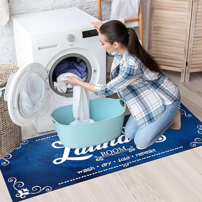 XLHOMO Laundry Room Rug Runner, 17"x60" Non Slip Navy Blue Nappa Leather Laundry Rugs, Farmhouse Washable Floor Laundry Mats for Laundry Room, Kitchen, Washroom, Bathroom, Hallway Entryway Decor