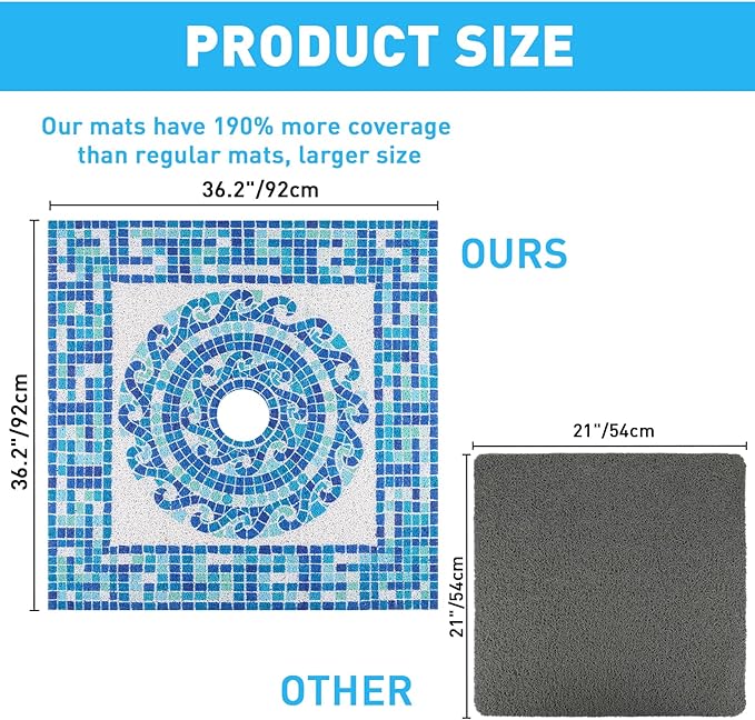 Square Shower Mat Non Slip: 36 x 36 Inch Extra Large Shower Mats with Drain Hole in Middle - PVC Loofah Anti Slip Shower Floor Matt for Inside Shower
