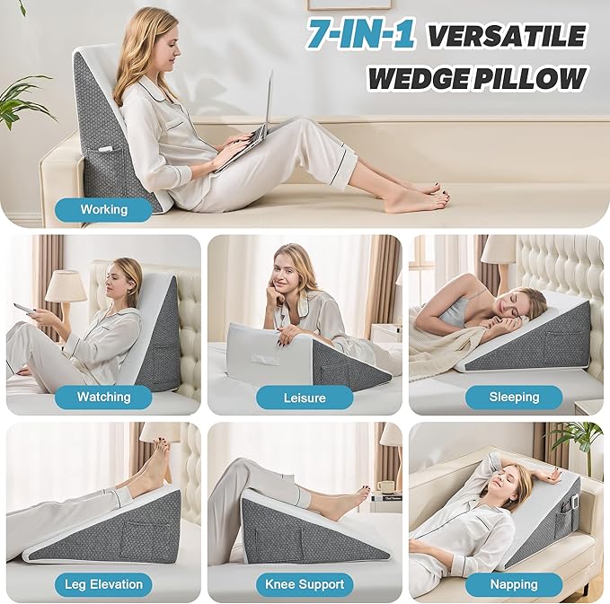 Yojoker Wedge Pillow for Sleeping - 7.5 Inch Triangle Pillow Wedge, Memory Foam Bed Wedge Pillow for Headboard, Sleep Wedges for Snoring, Acid Reflux, Post Surgery Back Pain Relief, Washable Cover