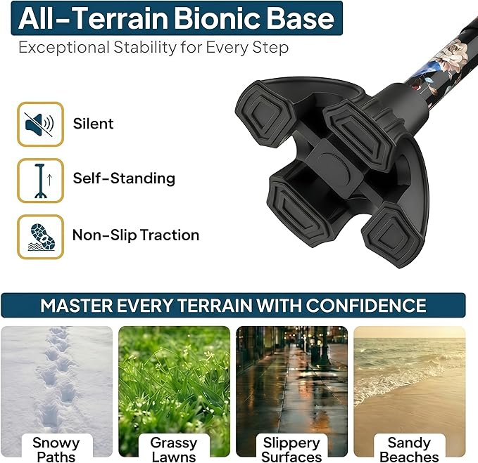 Walking Cane with LED Light, Foldable,Adjustable, Self Standing Walking Canes for Men & Women,Walking Sticks with Quad Base for Seniors & Adults