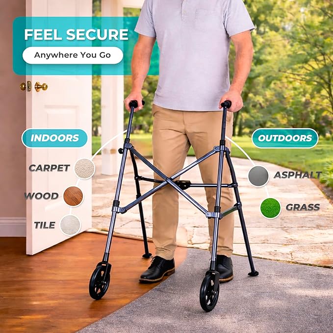 Stander Space Saver Walker, Lightweight Folding Rolling Mobility Aid for Seniors & Adults, Compact 2-Wheel Disability Device with 6-inch Wheels & Ski Glides for Walking Support, Cobalt Blue
